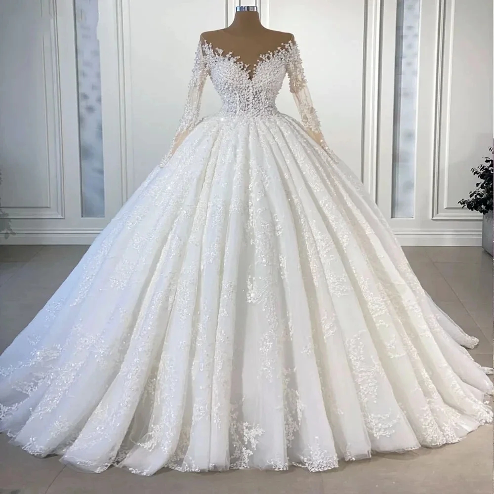 2025 Classic A-line Wedding Dress Illusion Neck Long Sleeves Lace Appliques Pearls Beads Bridal Bride Gowns Vestidos De Noiva