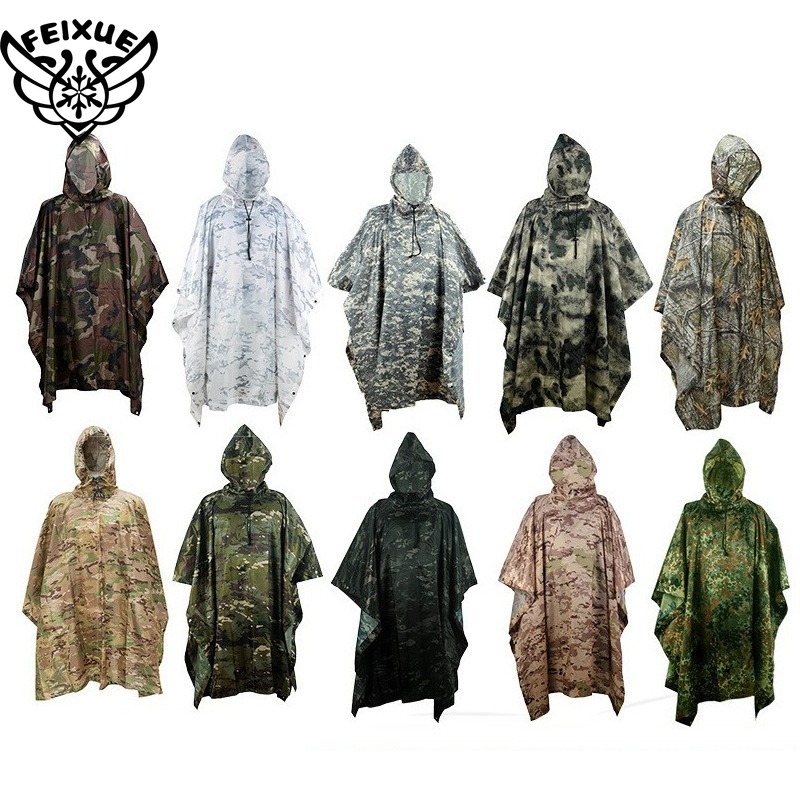 Outdoor Hooded Breathable Rainwear Camo Poncho Army Tactical Raincoat Camping Hiking Hunting Birdwatching Suit Travel Rain Gears