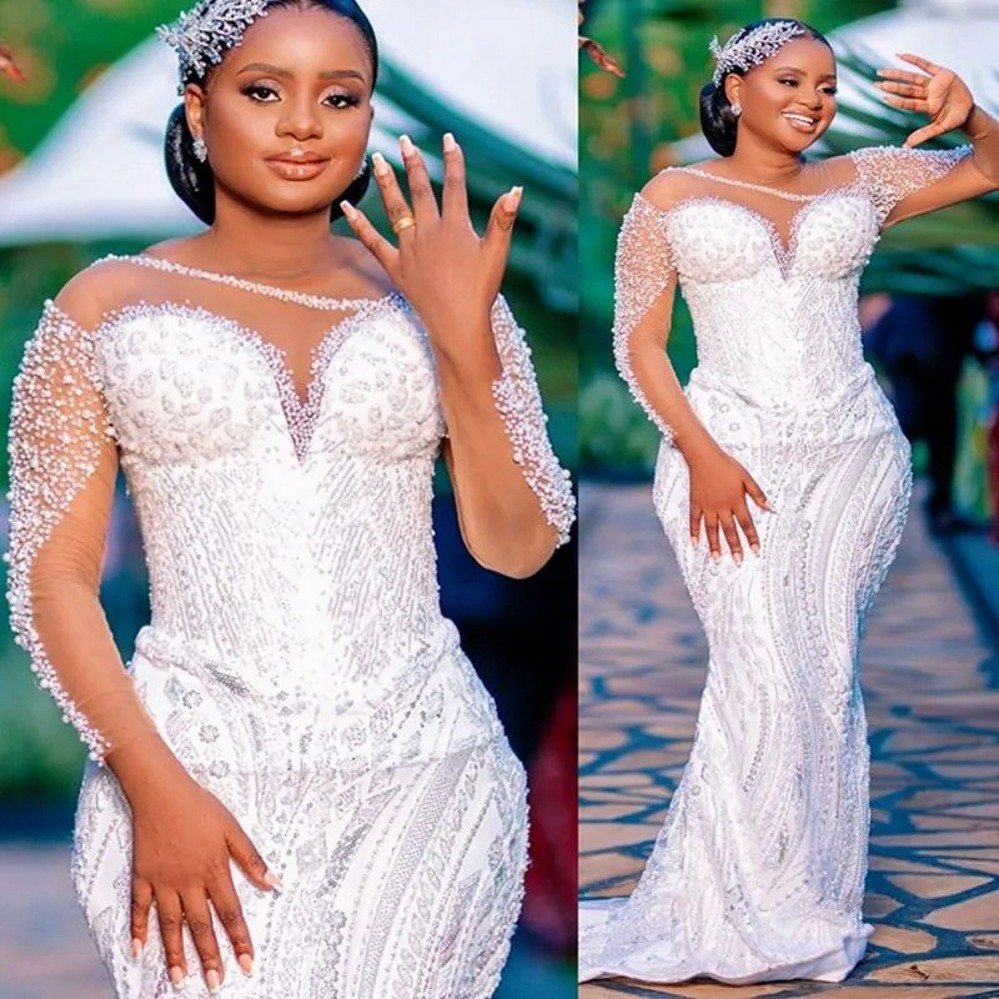 New African Wedding Dress 2025 Illusion Sheer Neck Long Sleeves Beaded Lace Pearls Mermaid Bride Gowns Vestidos De Novia