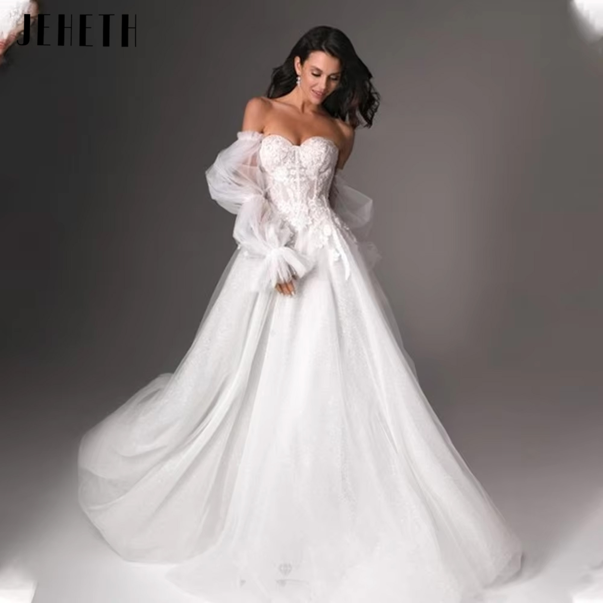JEHETH Detachable Long Sleeves Sweethart Lace Applique Sexy Bridal Gown A Line Wedding Dresses  2025 Rode De Morrie Customized