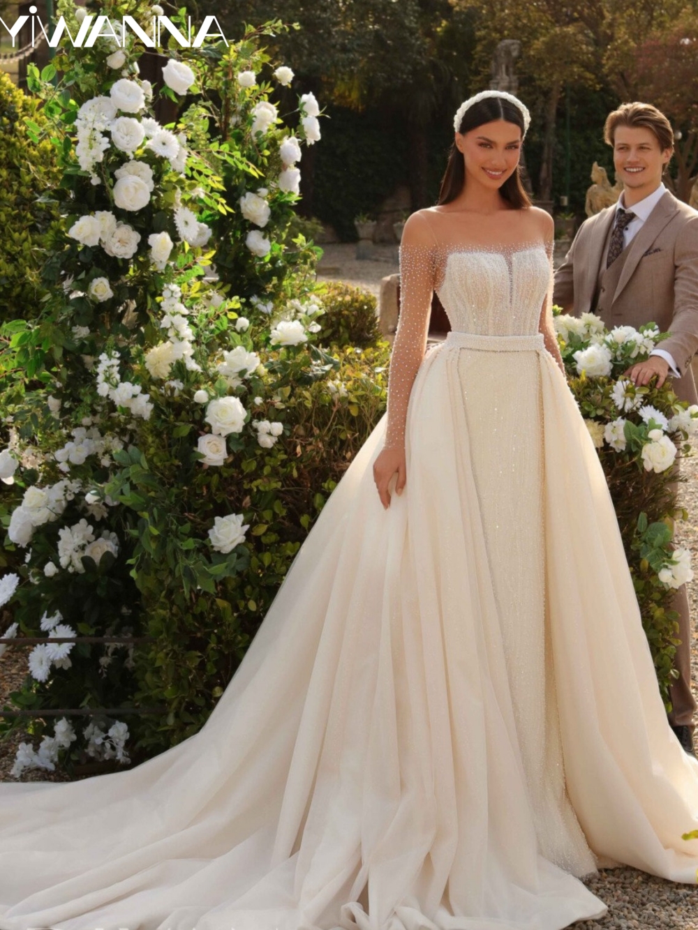 Classic O-neck Wedding Dress Sparkly Sequins Beads Bride Robe Elegant Detachable Train Bridal Gown Customized Robe De Mariée