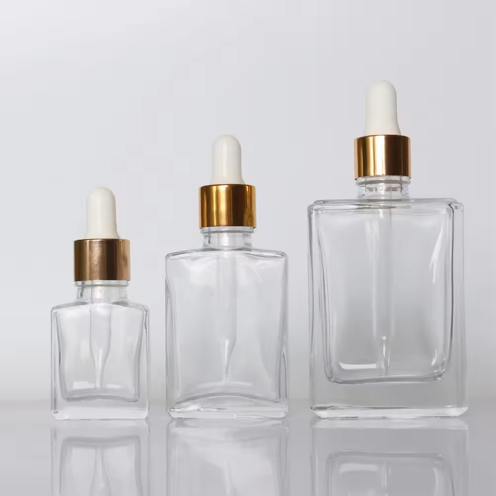 Luxury Flat Square Glass Serum Dropper Bottle with Bamboo Lid Empty Cosmetic Skin Care Dispenser Packaging Bottle with Pipette