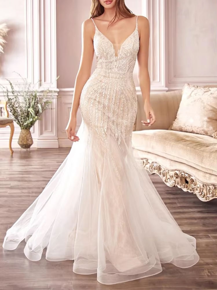 Wedding Dresses for Bride Women Luxury Lace Rhinestone V-Neck Floor-Length Trumpet/Mermaid Party Prom Evening Formal Customize