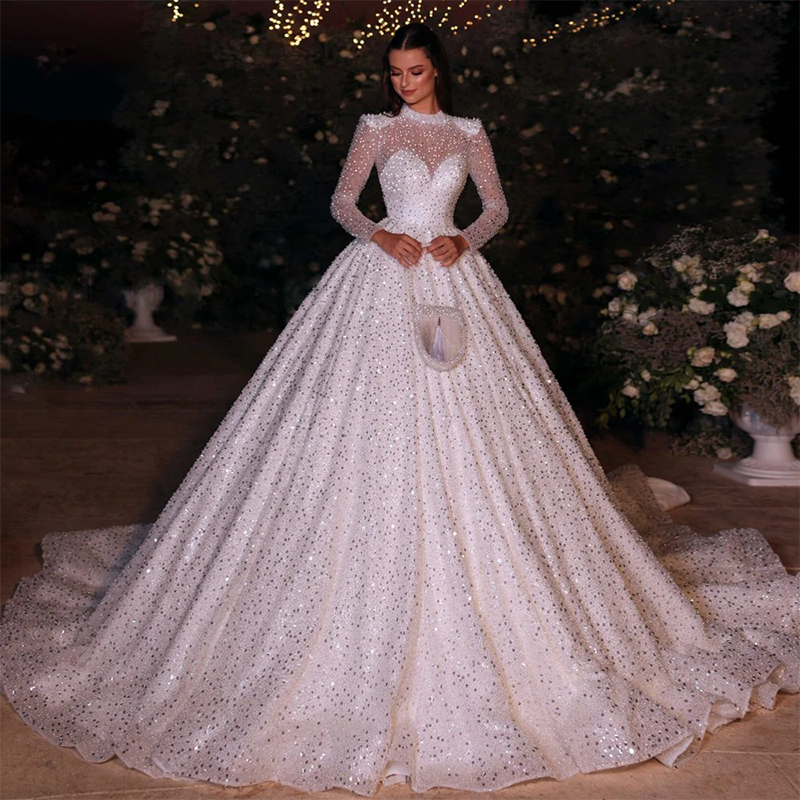 Shiny Chic Weddingdress Bead Embroidered Lace With Sequins Ballgown High-Neck Fullsleeve Bride Dress Customized Vestido De Novia