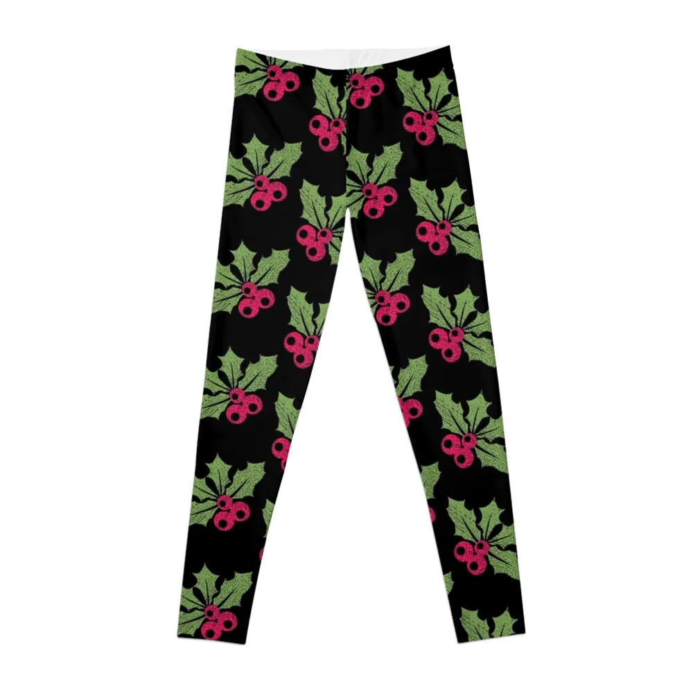 Holly Leaf Berry Christmas Holiday Mistletoe Repeat Pattern Winter Nature Plants Leggings gym womans gym pants Womens Leggings