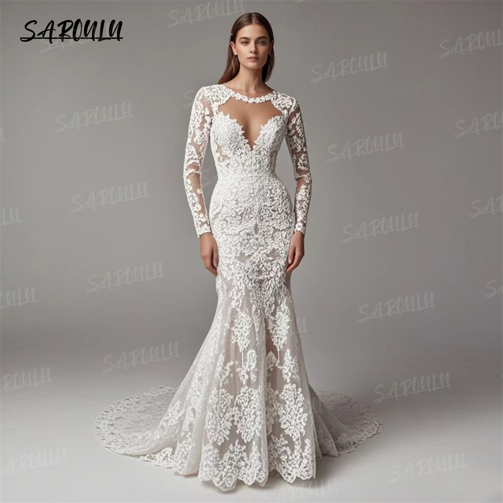 SAROULU Exclusive Lace Long Bride Dress Full Illusion Sleeves Mermaid Wedding Dresses for Women Court Train Bridal Gown