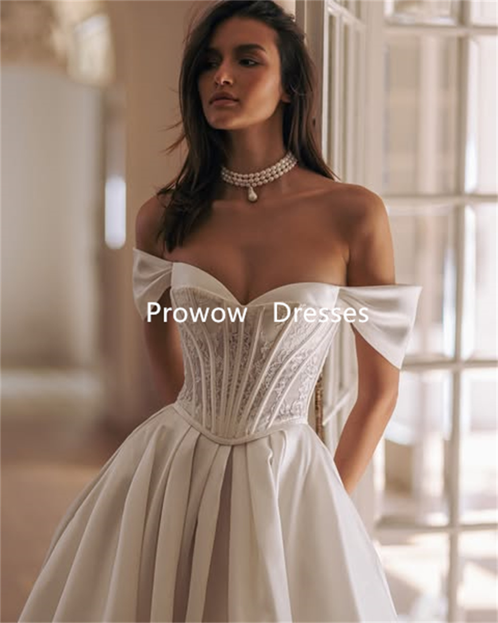 Prowow 2025 Elegant A Line Wedding Dresses Sweetheart Pleats Satin Lace Bride Gowns Floor Length Lace Up Back Customized