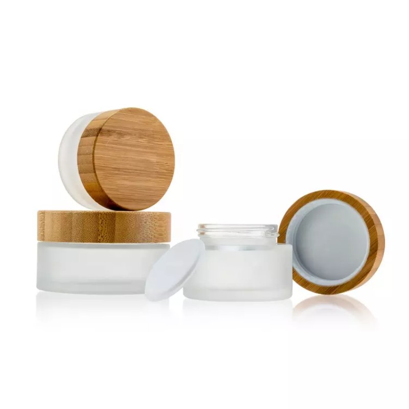 5-100ml Empty Frosted Glass Cream Jars Bamboo Lid Round Leak Proof DIY Make Up Eye Shadow Cosmetic Container Travel Storage
