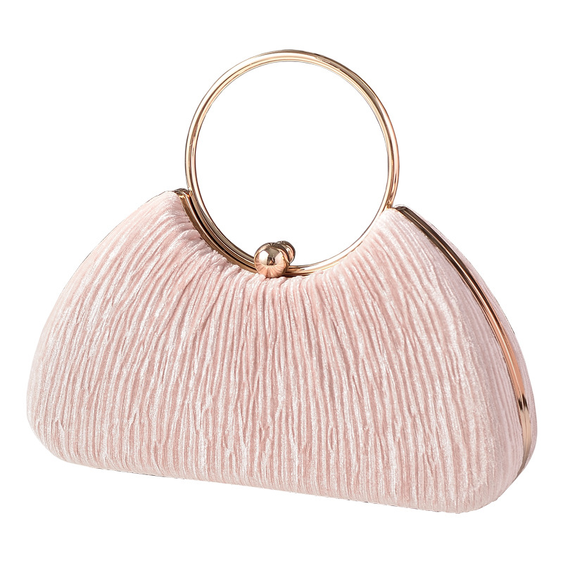 Velvet Party Bag with Metal Ring Handle, Evening Bag, Pleated Silver Banquet Dress Chain Bag, Women's Bag