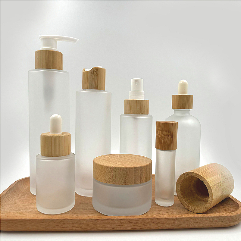 Toner Water Bottle Empty Frosd Glass Bottle Lotion Bamboo Cap Frosted Glass Lotion Pump Bottles with Bamboo Lids Flat Shoulder