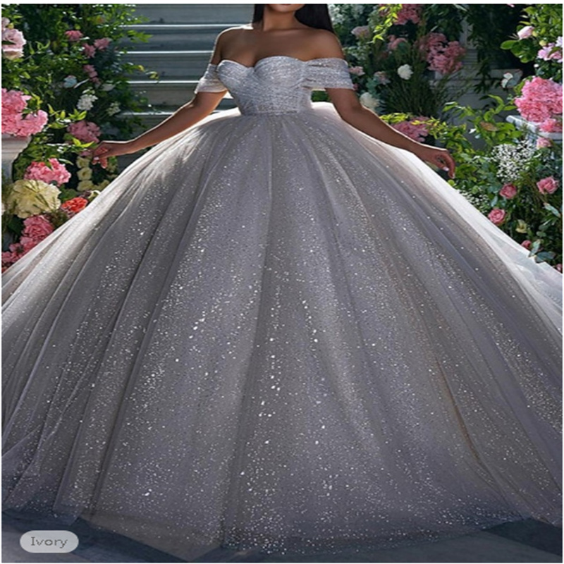 Engagement Sparkle & Shine Formal Wedding Dresses Ball Gown Off Shoulder Cap Sleeve Chapel Train Sequined Bridal Gowns 2025