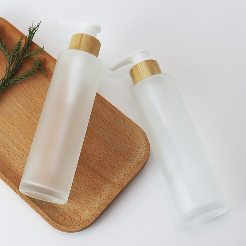 Glass Pump Bottles Cosmetic Toiletries Storage Containers Soap Dispenser Frosted clear Glass Spray Bottle Pump Bottle Bamboo Lid