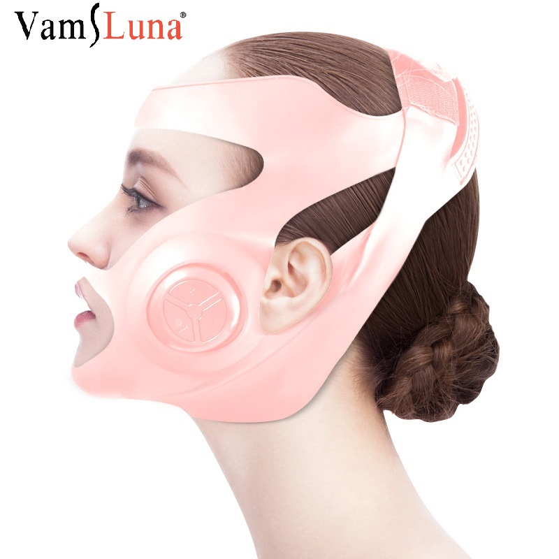 Grey Pink Electric V-shaped Thin Face Slimming Cheek Mask Massager Facial Lifting Machine  V-Line Lift Up Bandage Therapy Device