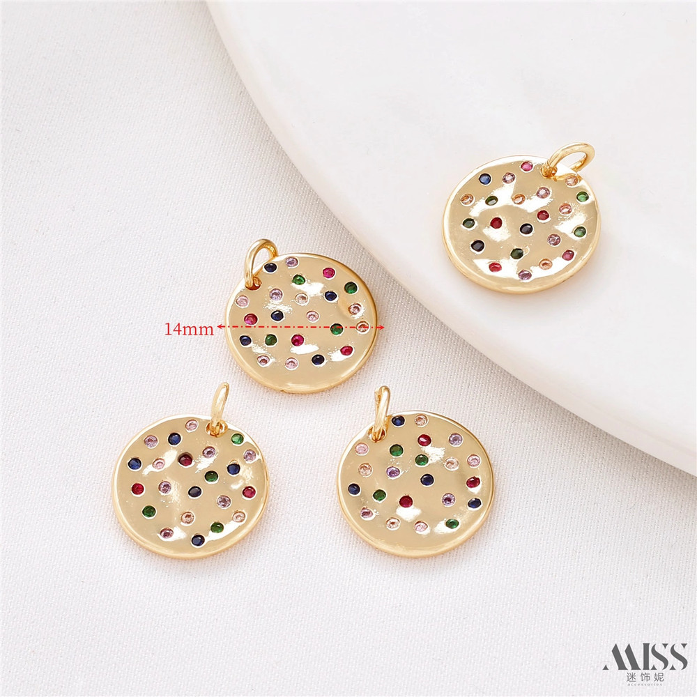 14K Bag Gold Inlaid with Colored Diamonds Irregular Round Tag Pendant DIY Jewelry Bracelet Necklace Pendant Accessories