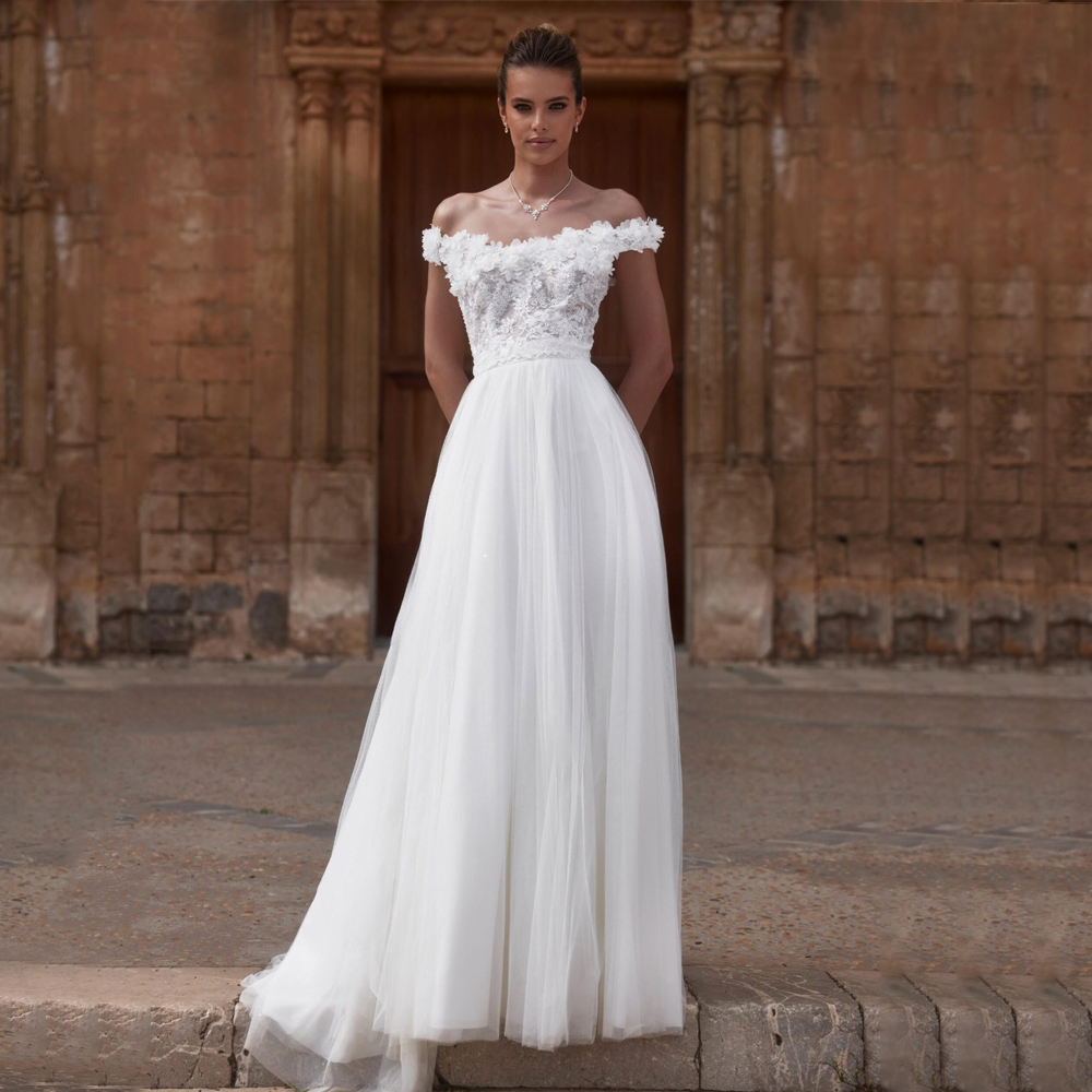 Customized Beach Wedding Dresses For Women Off Shoulder Applique Tulle Boho Bridal Gown Vestido De Novia Sweep Train A-Line