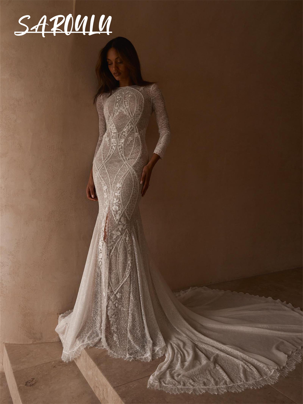 Fully Laced Mermaid Wedding Dress With Long Train Romantic Bride Dresses With Long Sleeve Open Back Bridal Gown Customized