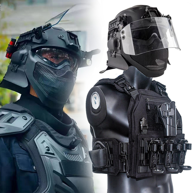 Police Riot Helmet vest Set with Taser stun gun holster Mace Spray Holster Handcuffs Walkie Talkie Set for Police patrol duty