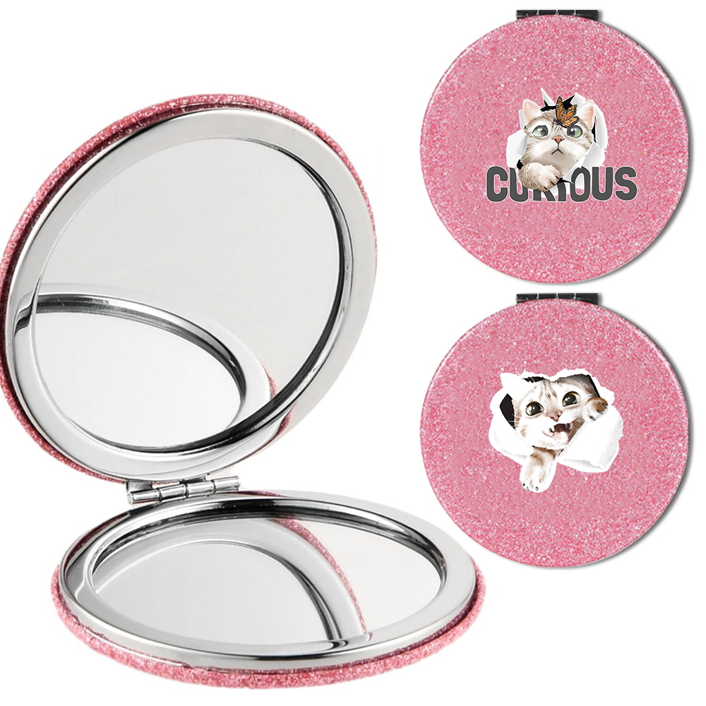 Durable Folding Shiny Makeup Mirror Portable Beauty Make Up Mirrors Pocket Cosmetic For Outdoor Tool Washable Cat Pattern