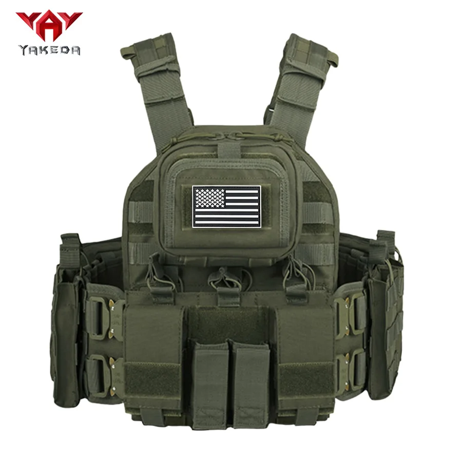 YAKEDA Outdoor Tactical MOLLE Vest with American Flag Functional Vest with Snake Buckle Chest Hanging Bellyband for Training