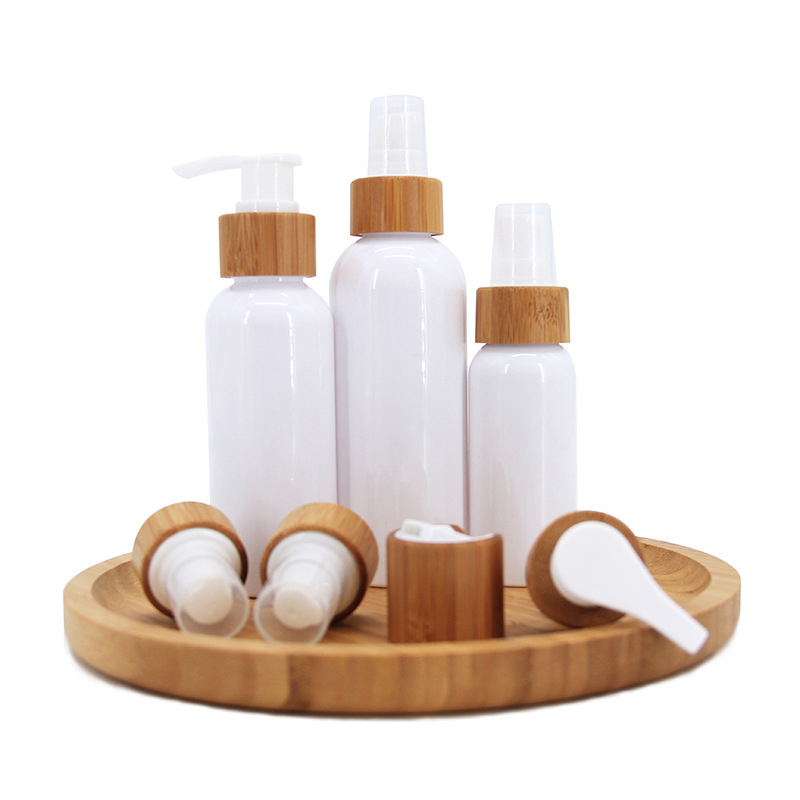 Round Shoulder White Plastic Atomizer Spray Pump Bottle Biodegradable Plastic Spray Compostable Bottle Shampoo Bottle Bamboo Cap