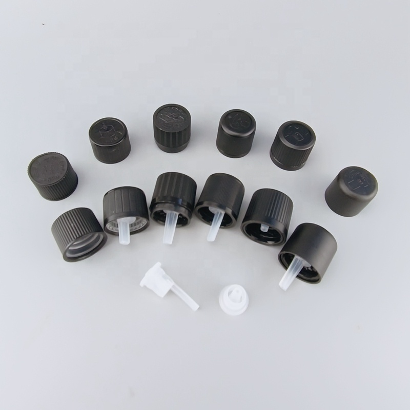 CRC 18 415 child resistant cap with safty ring essential oil packaging black plastic tamper evident child-resistant cap