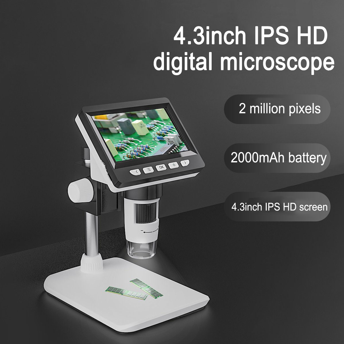 4.3 Inch IPS Digital Microscope 1000X Coin Microscope with 8 LEDs Soldering Microscope for Electronics,PCB, Repair