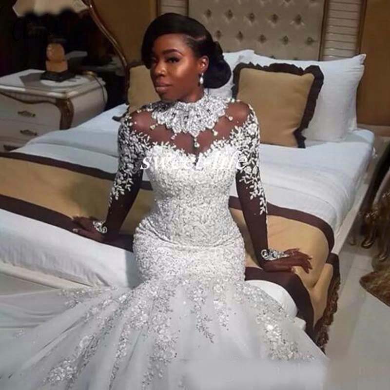 Luxury African White Mermaid Wedding Dresses Arabic Customized Lace Bridal Gowns Pearls Long Sleeve Wedding Dress Robe De Mariee