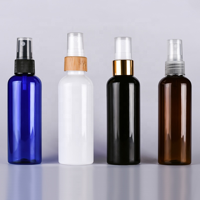 PET Costom Rounds Plastic Bottles with Bamboo Dispensing Cap Empty Skin Oil Plastic Spray Botte clear Amber Lotion PlasticBottle