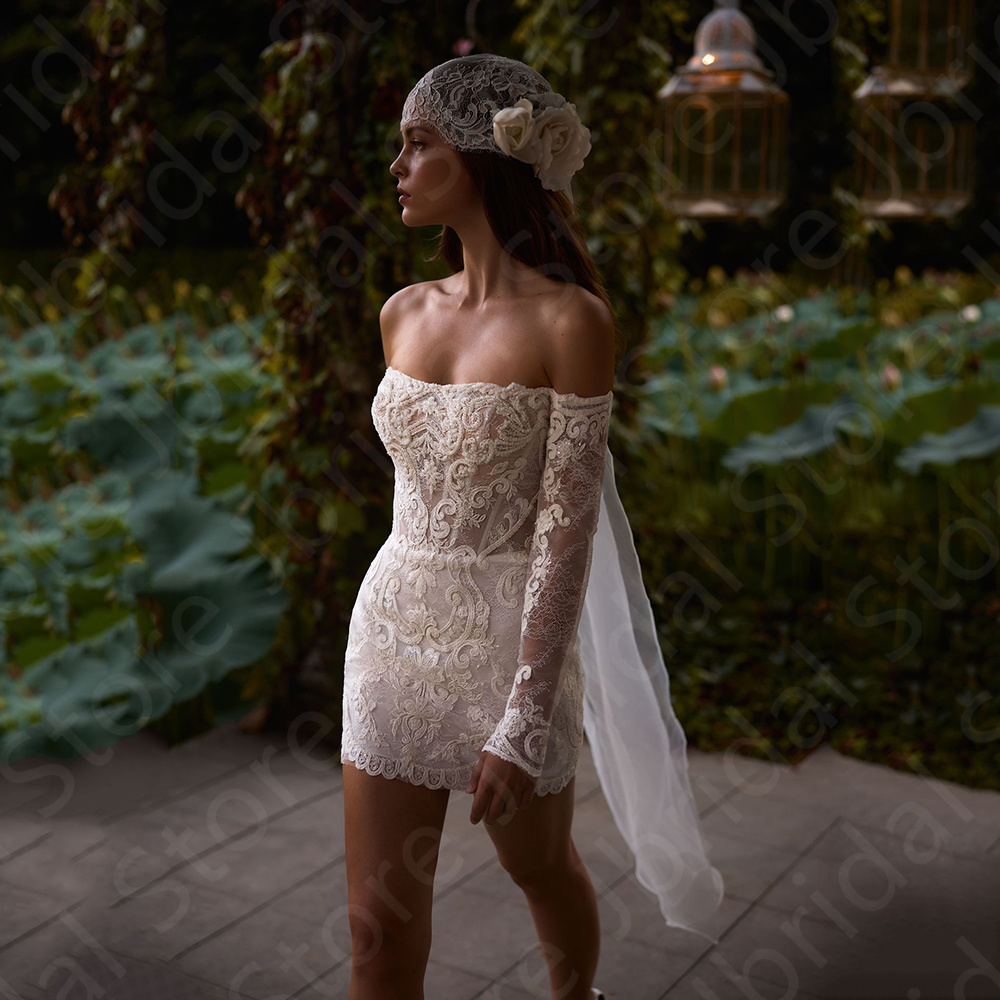 Customized Gorgeous White Wedding Dresses Two Pieces Bridal Gowns Lace Bride Dresses Off Shoulder Sleeve Wedding Gown with Skirt