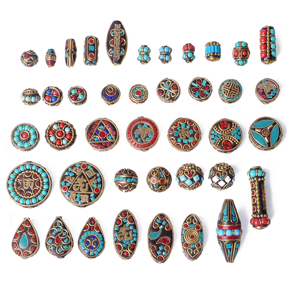 Handmade Nepalese Buddhist Tibetan Brass Metal & Clay Loose Craft Beads for Necklace Jewelry Making DIY