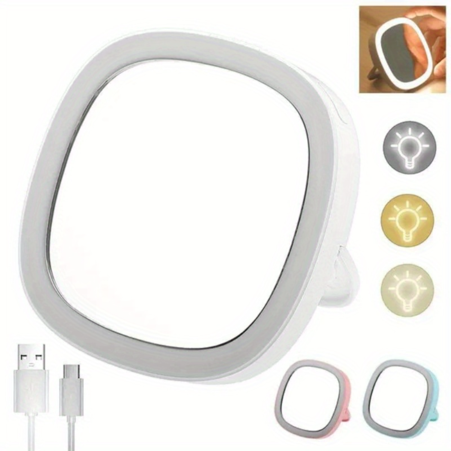 Portable LED Pocket Mirror with Stand Bracket - Dimmable 3 Color Light, USB Rechargeable, Travel Makeup Mirror - Lighted Vanity