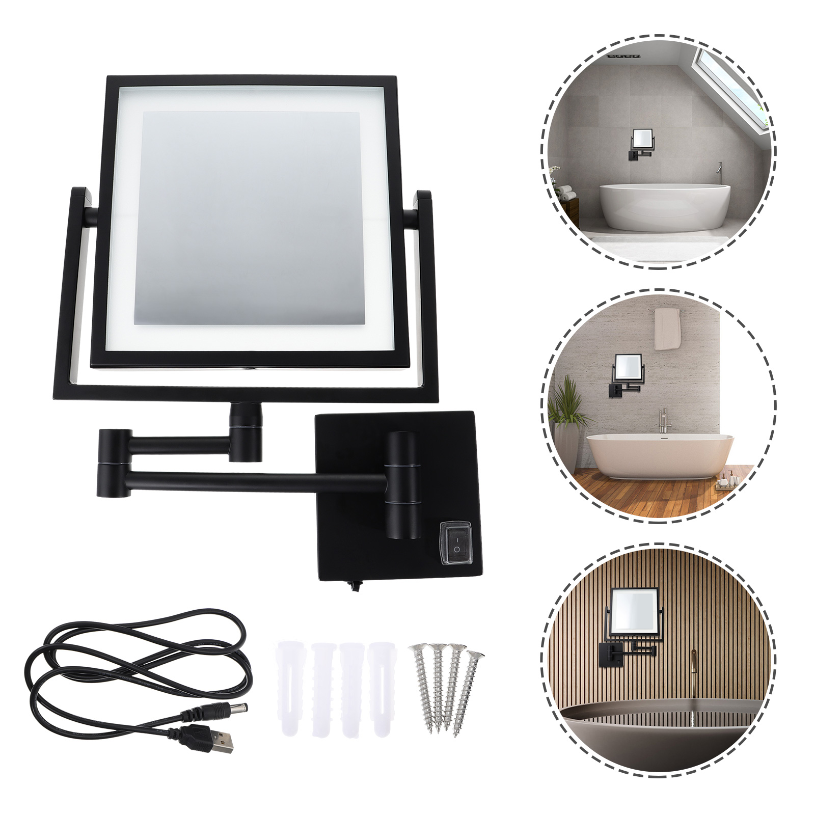 Makeup Mirror LED Vanity Lighting Wall-mounted Bathroom Cosmetics Foldable Black