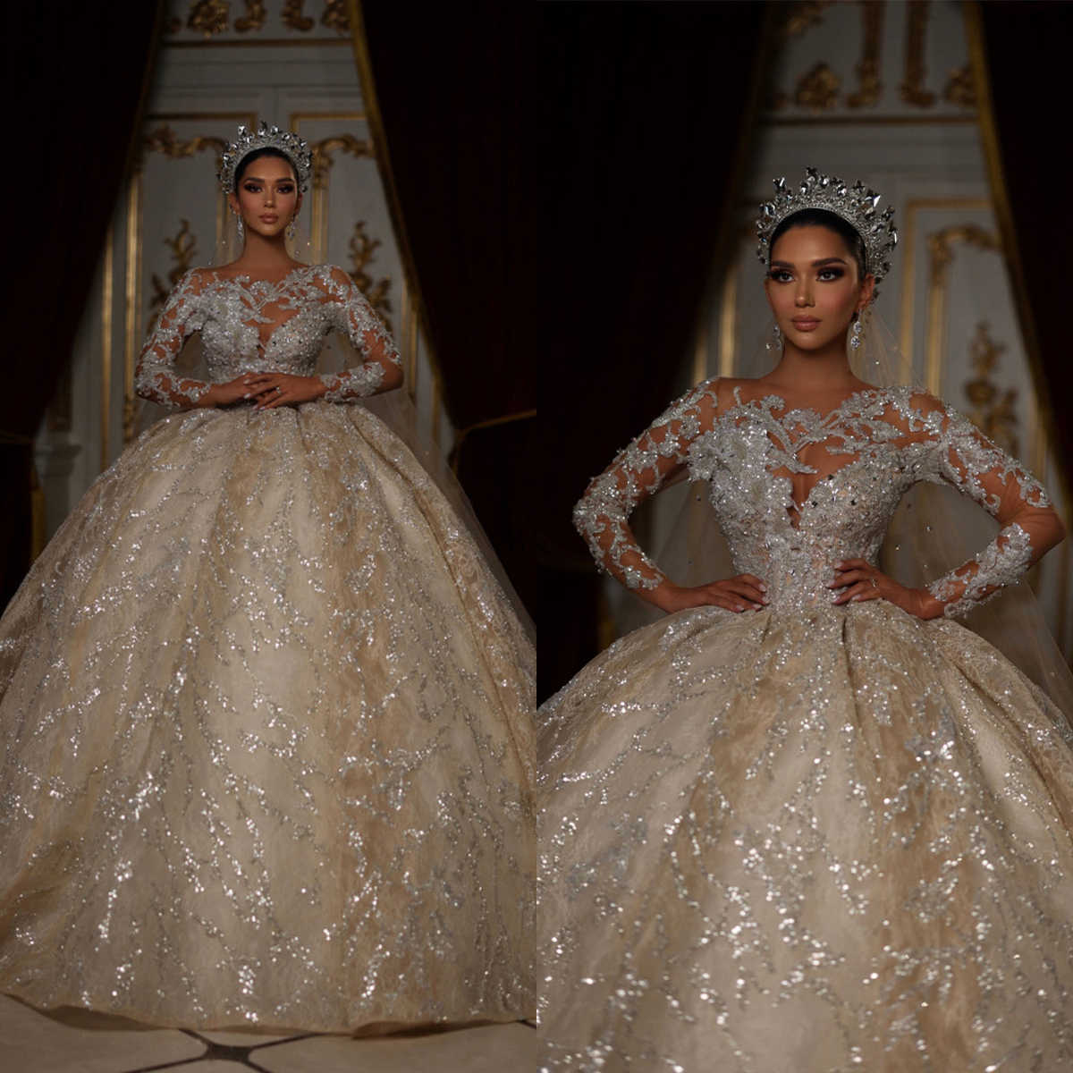 Brilliant Exquisite Wedding Dresses O-Neck Lace Beading Full Sleeves Royal Train Floor-Length Ball-Gown Dress Custom Made