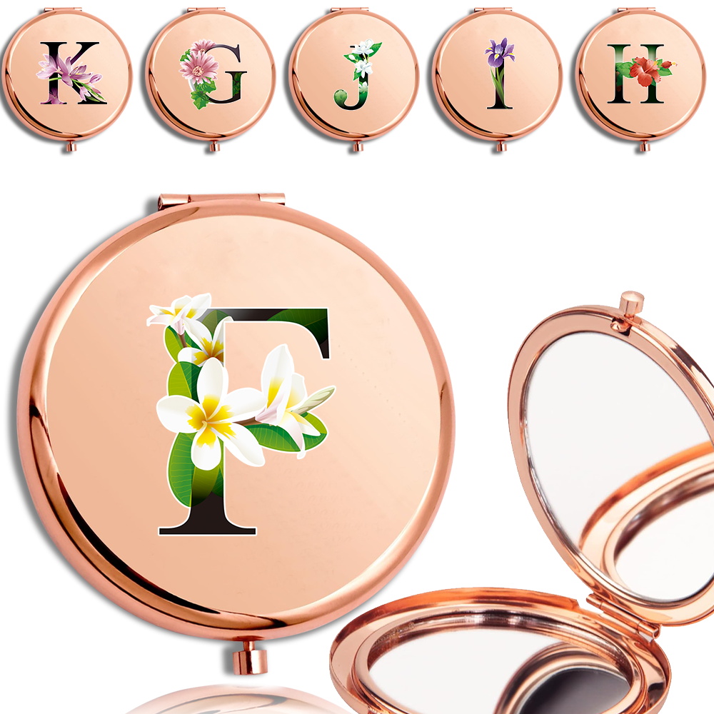 Women Cosmetic Facial Care Mirror Double Sided Portable Makeup Look Glass Compact Magnifying Mirror Flower Color Letter Pattern