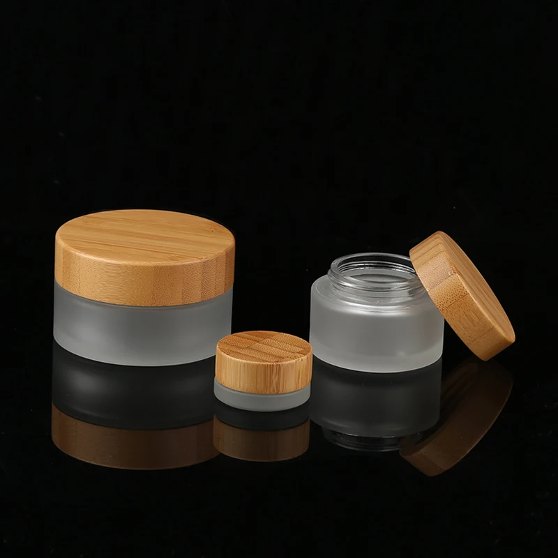 Frosted Glass Make Up Cream Jar With Bamboo Cap Portable Cosmetic Jar Glass Cream Jar Container Frosted Glass with Bamboo Lid