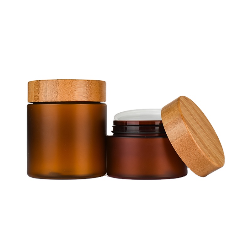 Food grade honey container frosted amber plastic Cosmetic Package Skin Care Face Cream Jar Container with Real Wooden Bamboo Lid