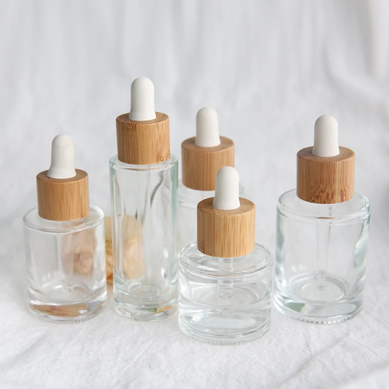 Welllive Cosmetic Thick Bottom Round Shaped Clear Glass Serum Dropper Bottle With Real Bamboo Lid Portable Perfum Vials Jars