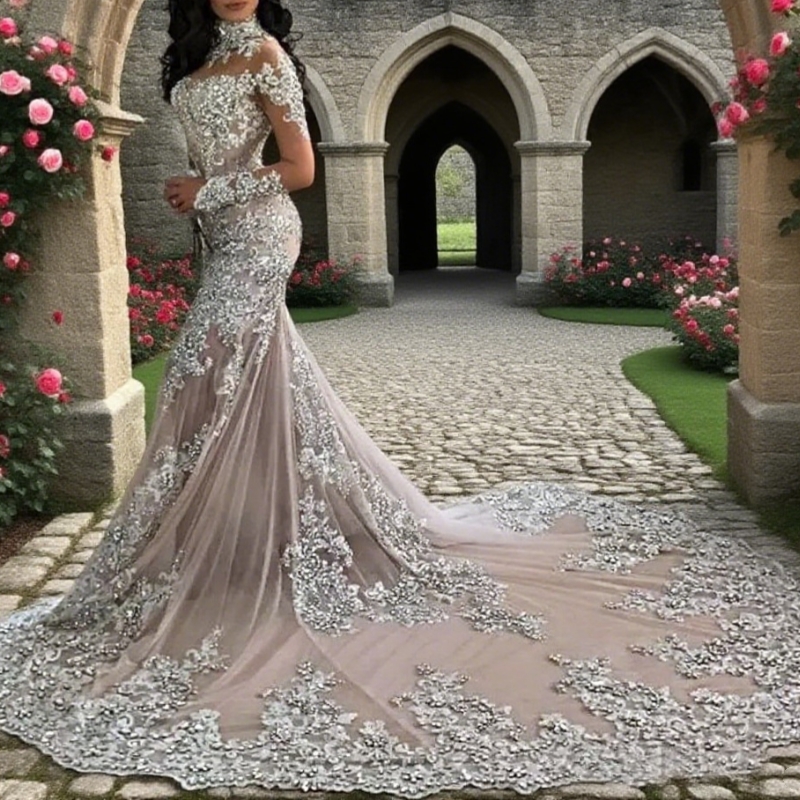 Luxury Sparkly Mermaid Wedding Dress Sexy Sheer Bling Beads Lace Applique High Neck Illusion Long Sleeve Champagne Bridal Gowns
