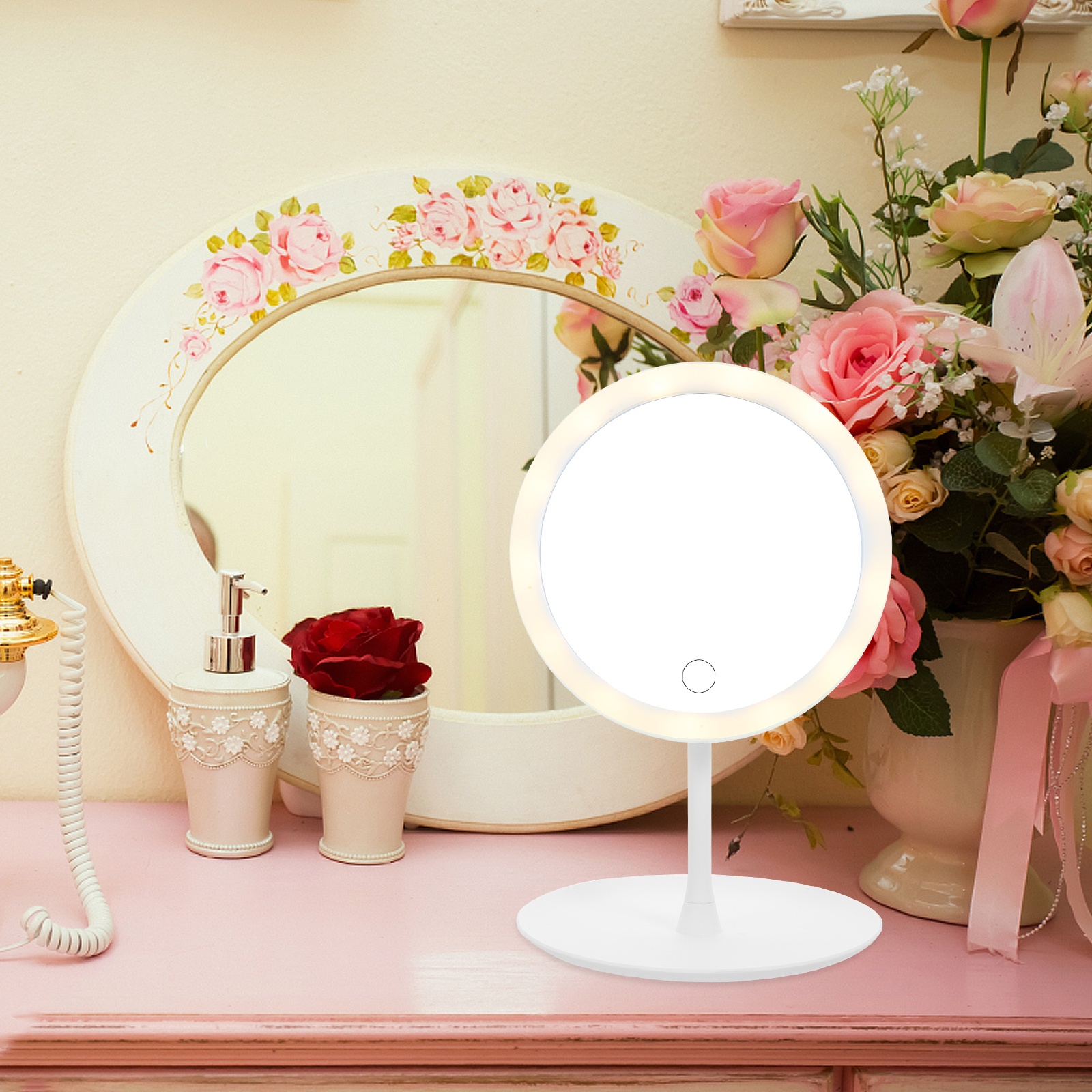 LED Smart Makeup Mirror Rechargeable USB Charging White Desktop Vanity Light 360 Degree Adjustable Brightness Control Storage