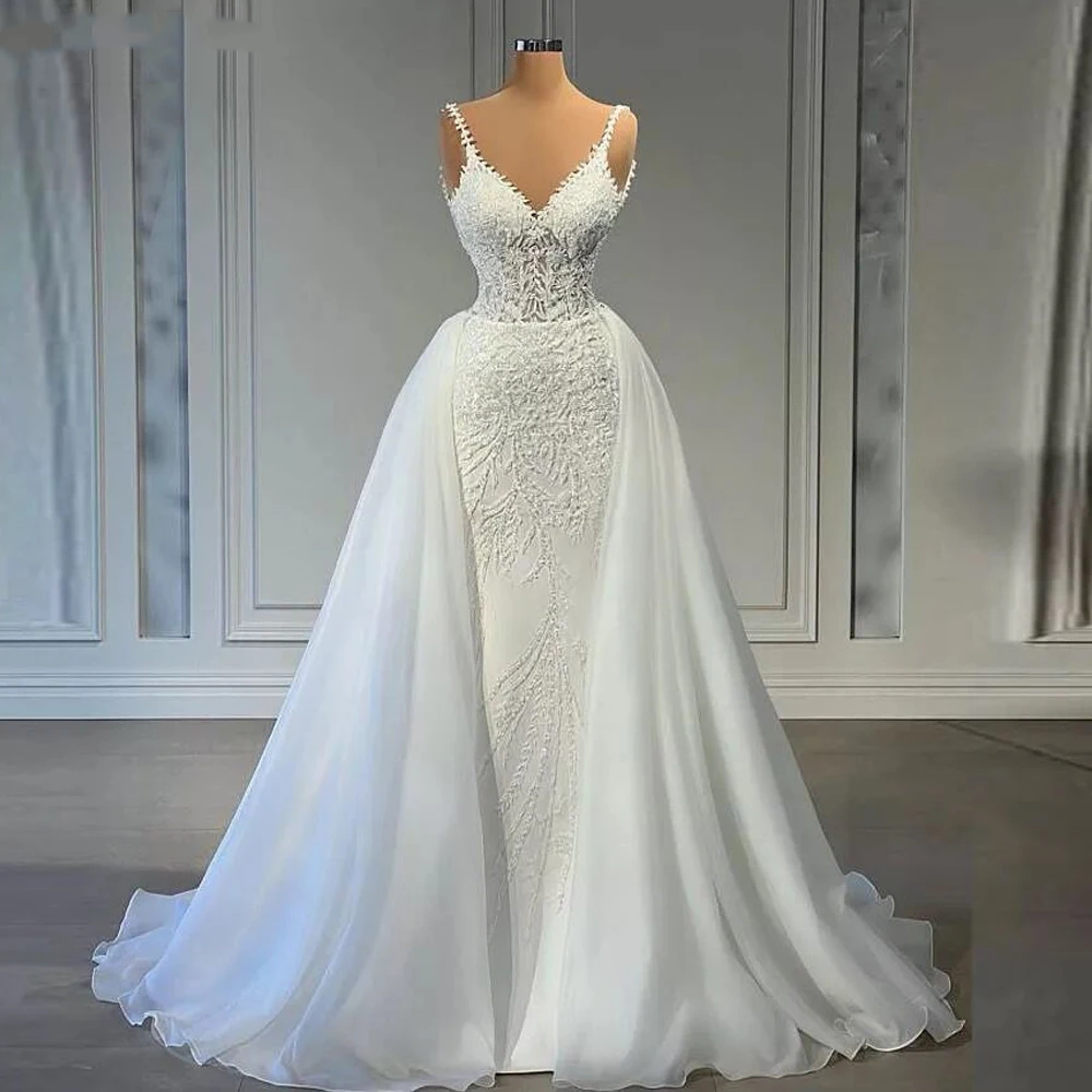 Flavinke Customized V Neck Mermaid Lace Wedding Dresses 2025 Sleeveless Illusion Beaded Satin Bridal Gowns with Detachable Train