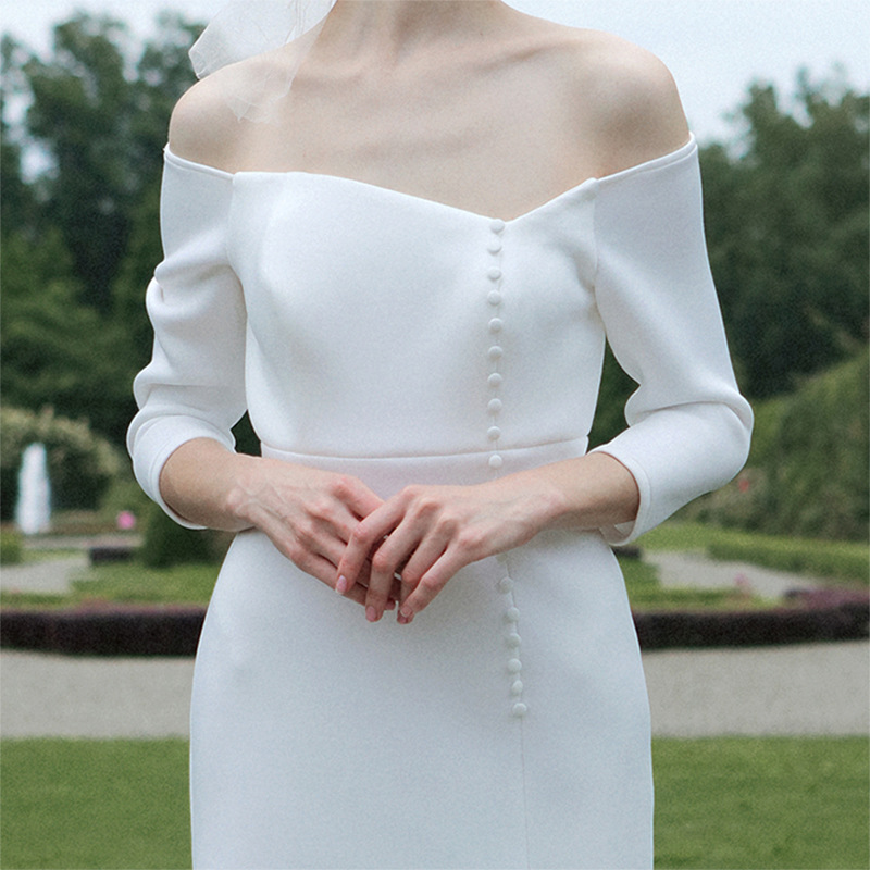 tailor shop custom made light wedding dress pure silk wool fabric off shoulder simple silk wedding dress white silk wedding gown