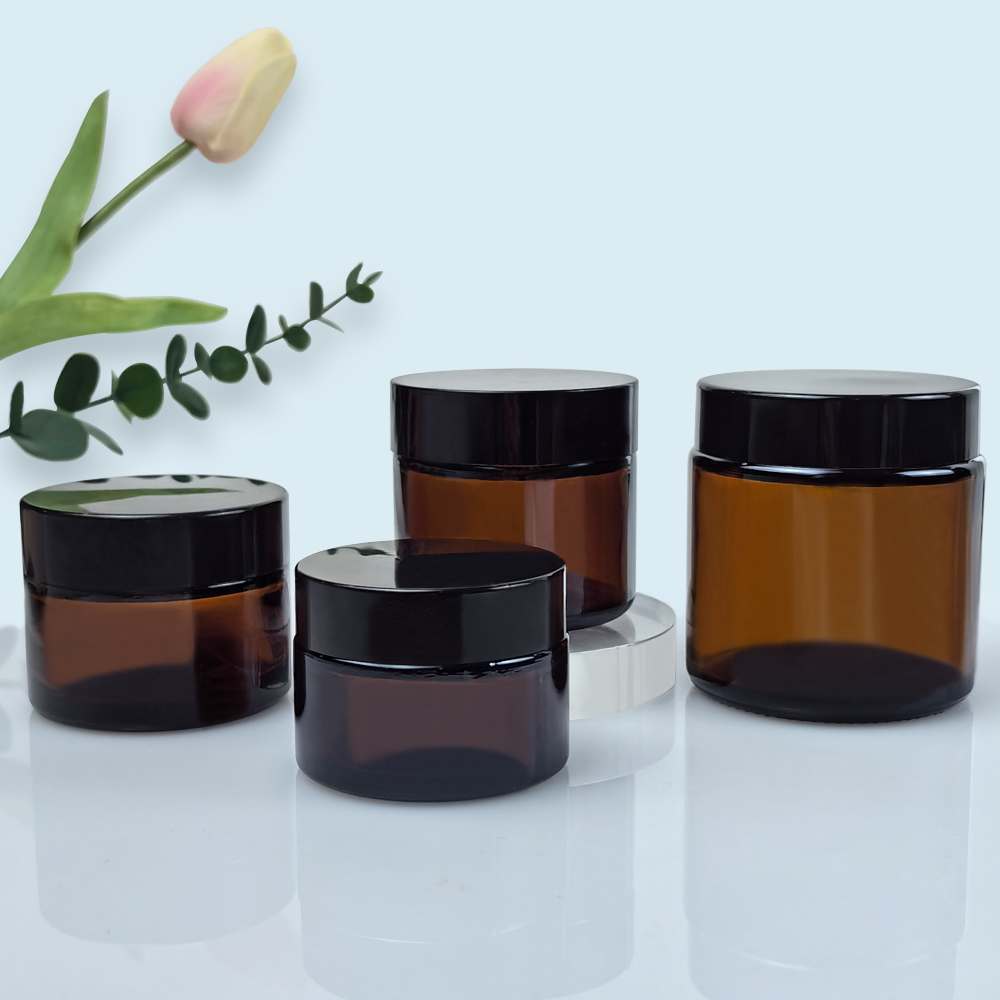 Amber Glass Cream Jars with Black Plastic Caps Empty Cosmetic Salve Lotion Cream Container Bottle Pot Custom Skin Care Cream Jar