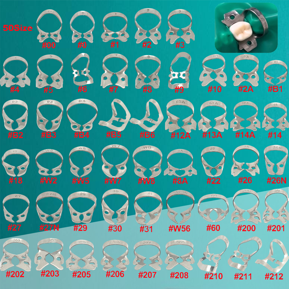 50 Size Dental Rubber Dam Clamps Stainless Steel Endodontic Restorative Barrier Clips Dentistry Orthodontic Material