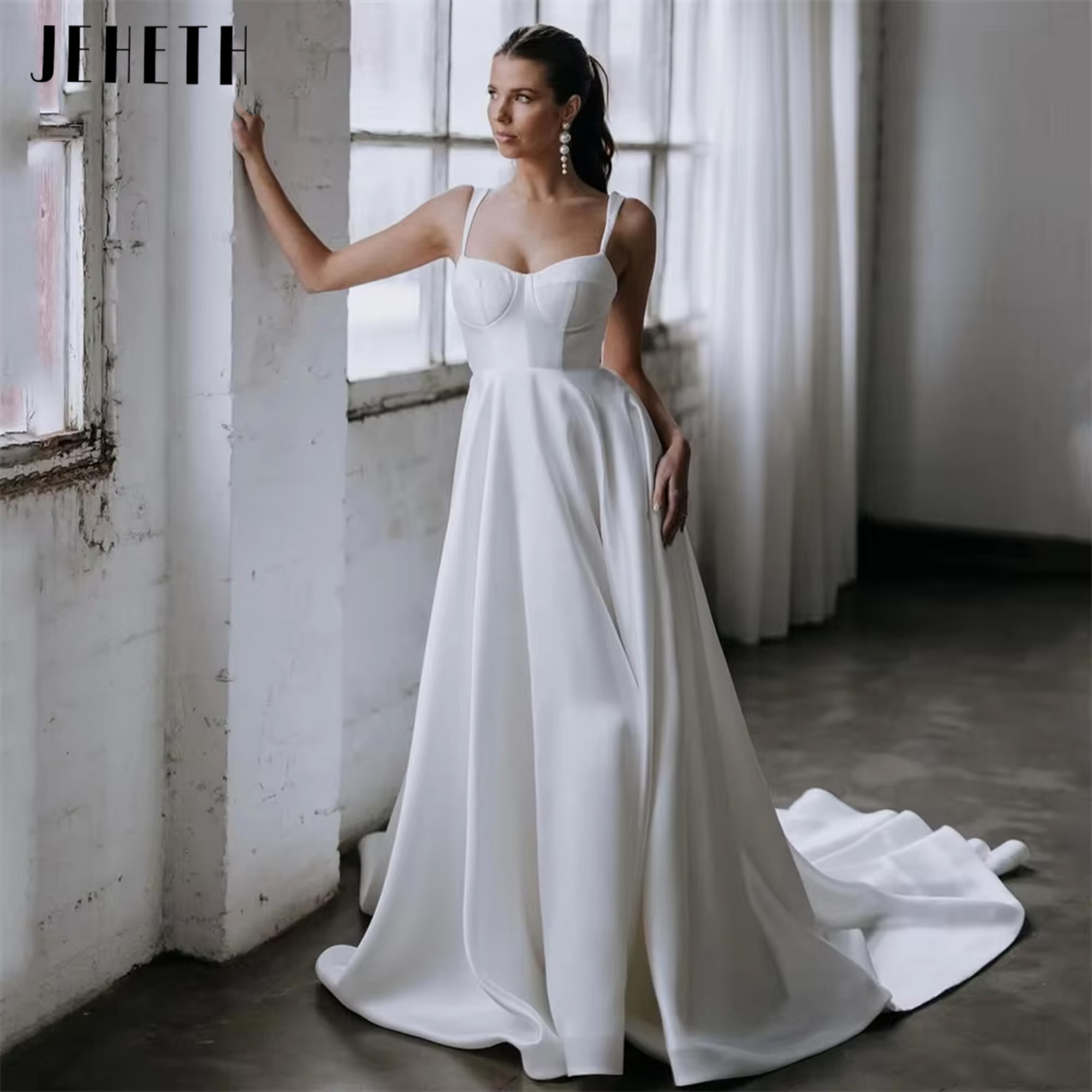 JEHETH Classic A-Line Wedding Dress Women V-Neck Spaghetti Straps Pleat Satin Backless Bridal Gown Vestidos De Noiva Customized