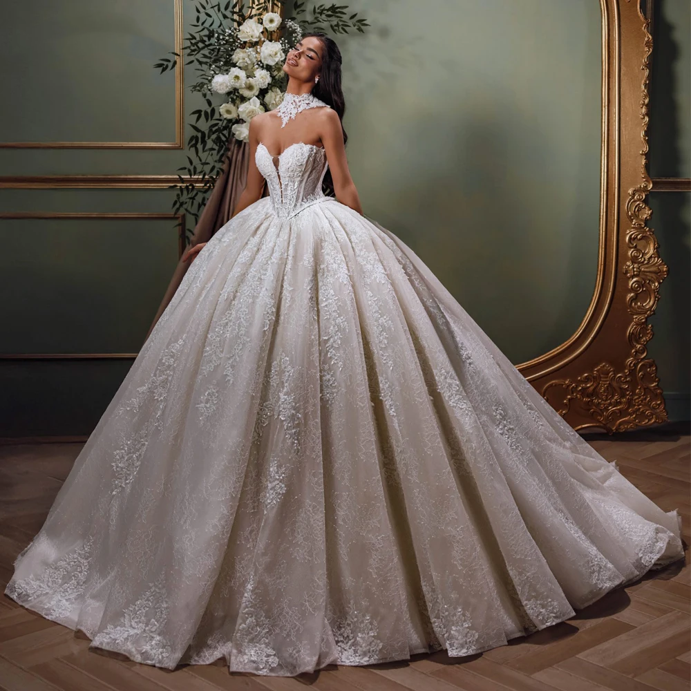 Flavinke Customized Exquisite Women's Princess Ball Gown Lace Wedding Dresses 2025 Sleeveless Bridal Gown with Chapel Train