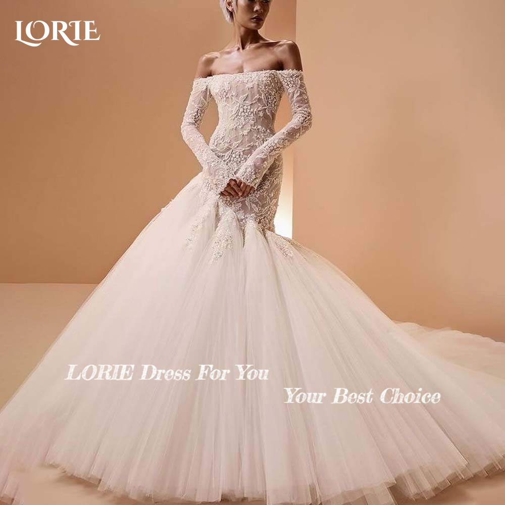 LORIE Luxury Mermaid Wedding Dresses Lace off the Shoulder Wedding Gown Boho Bridal Dress with Long Sleeves Custom Made Dress