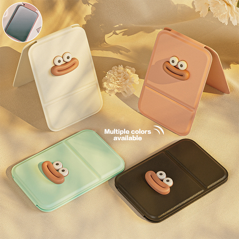 Cartoon Travel Folding Makeup PU High-quality Portable Pocket Makeup Mirror Single-side Creative Women Solid Color Handle Desk