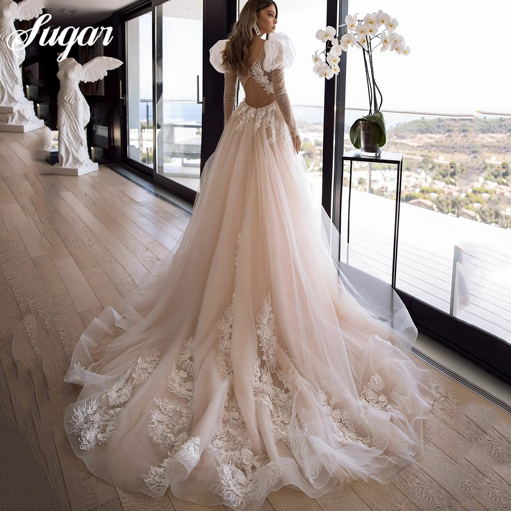 Chic Champagne Princess Lace and Tulle Modern Wedding Dresses Sweetheart Long Puffy Sleeves Glitter Bride Gowns Plus Size