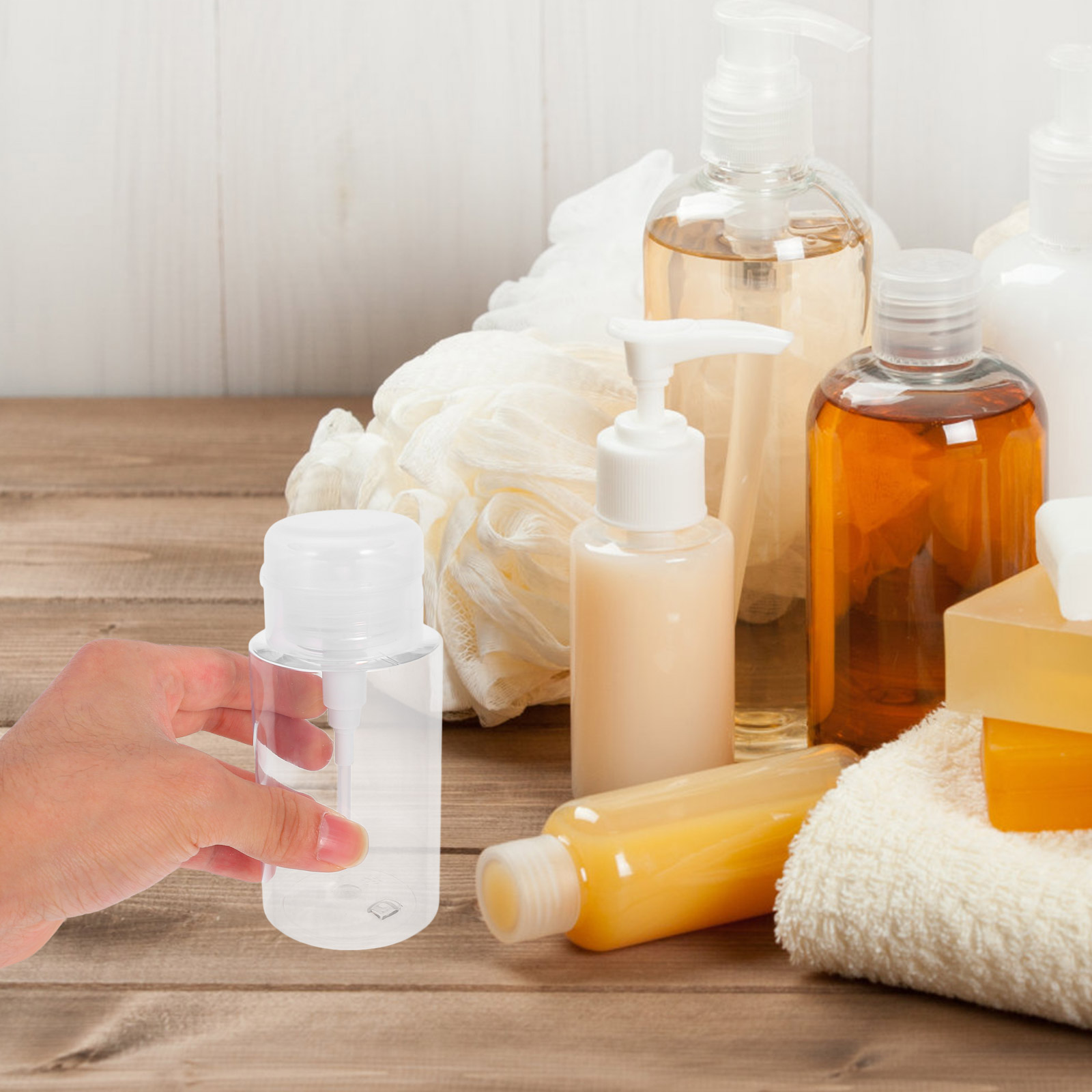 2pcs Mini Skincare Pump Bottles Plastic Travel Makeup Removal Toner Storage Sub Bottle Nail Polish Remover Push Down Dispenser