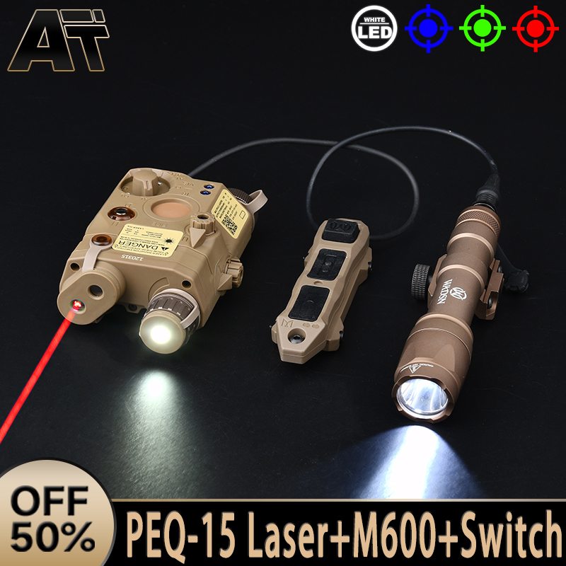 PEQ-15 Red Green Blue Aiming Laser LED White Light Hunting Metal Flashlight With Dual Function Pressure Switch Set Fit 20MM Rail